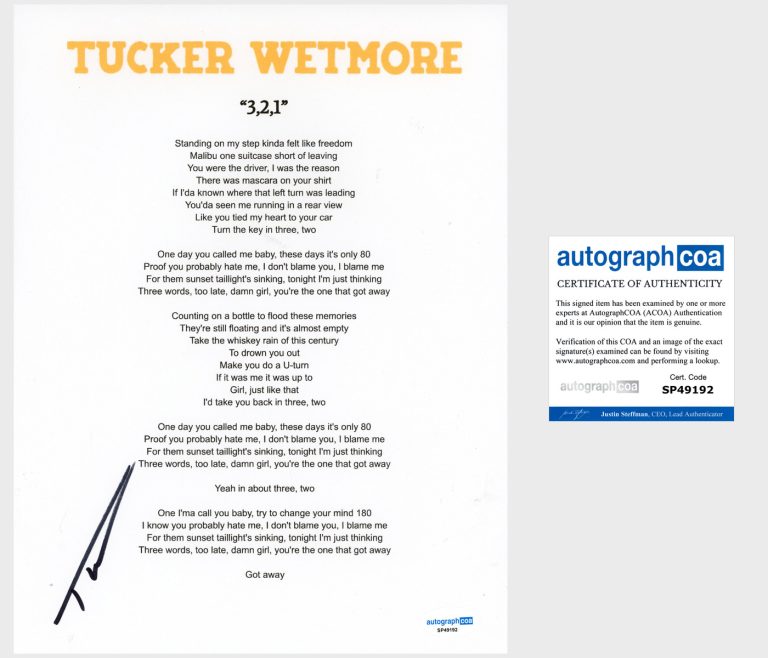 ‘Tucker Wetmore’ Signed Lyric Sheet ‘3,2,1’ Country Singer ACOA