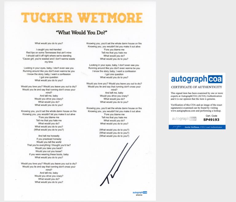 ‘Tucker Wetmore’ Signed Lyric Sheet ‘What Would You Do?’ Country Singer ACOA