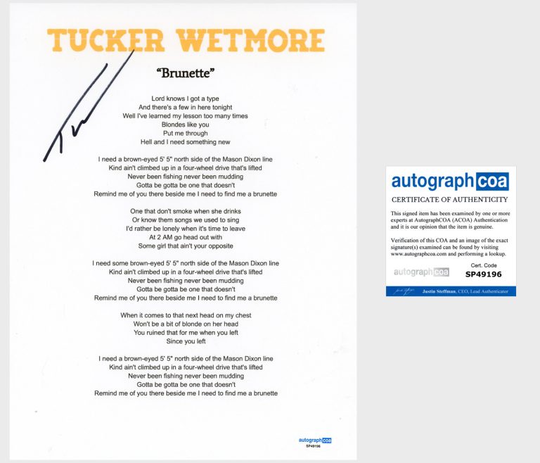 ‘Tucker Wetmore’ Signed Lyric Sheet ‘Brunette’ Country Singer ACOA