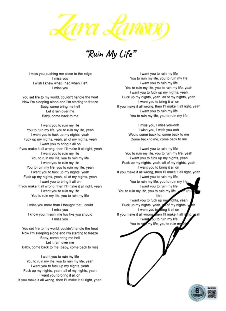 'Zara Larsson' Signed Lyric Sheet 'Ruin My Life' Autograph Beckett