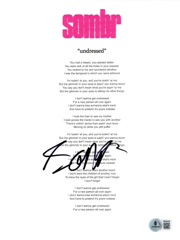 'Sombr' Signed Lyric Sheet 'undressed' Indie Pop Autograph Beckett