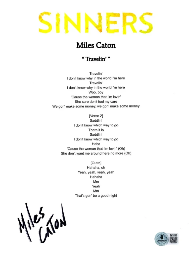 Miles Caton 'Sinners' Signed Lyric Sheet 'Travelin' Beckett Sammie Moore