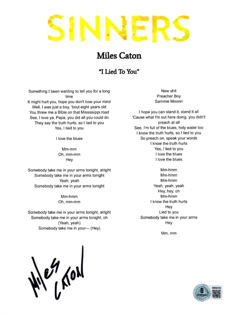 Miles Caton 'Sinners' Signed Lyric Sheet 'I Lied To You' Beckett Sammie Moore