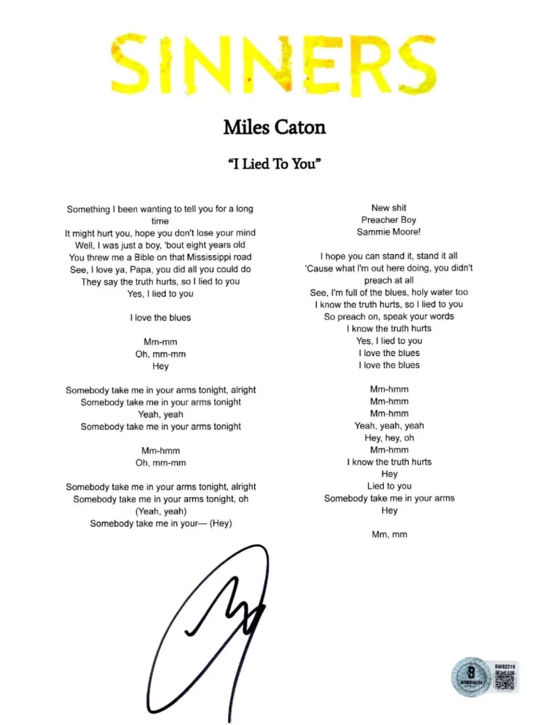Miles Caton 'Sinners' Signed Lyric Sheet 'I Lied To You' Beckett Sammie Moore