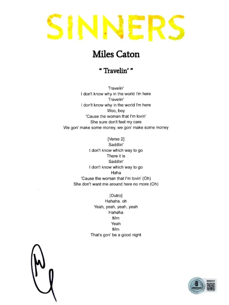 Miles Caton 'Sinners' Signed Lyric Sheet 'Travelin' Beckett Sammie Moore