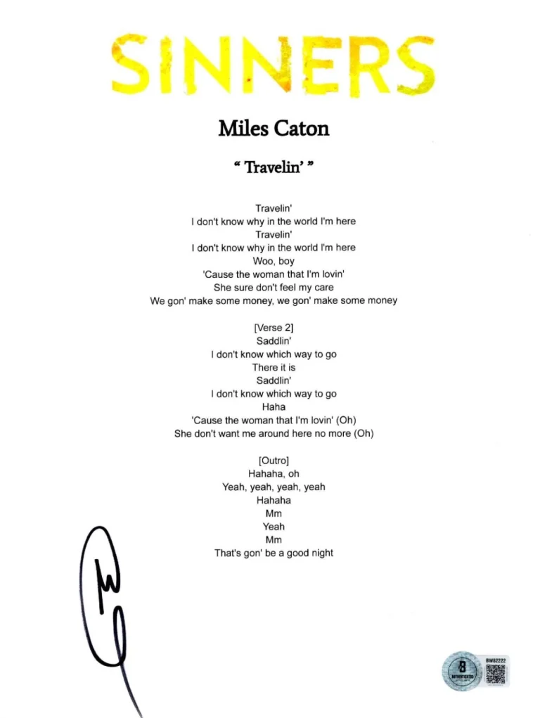 Miles Caton 'Sinners' Signed Lyric Sheet 'Travelin' Beckett Sammie Moore