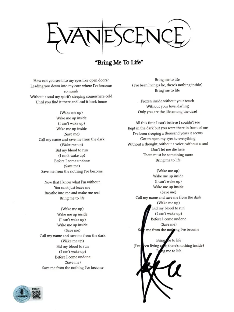 Amy Lee ‘Evanescence’ Lead Singer Signed Lyric Sheet ‘Bring Me To Life’ Beckett