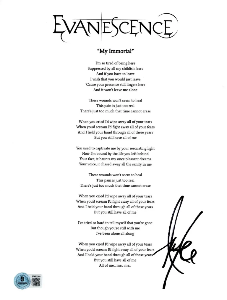 Amy Lee ‘Evanescence’ Lead Singer Signed Lyric Sheet ‘My Immortal’ Beckett