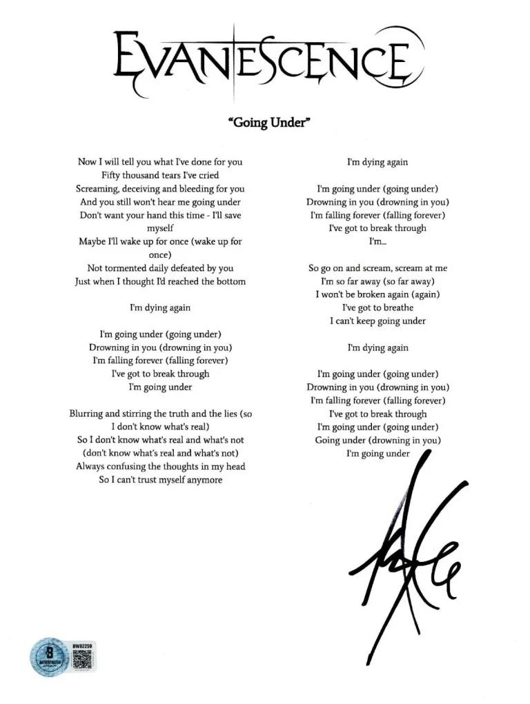 Amy Lee ‘Evanescence’ Lead Singer Signed Lyric Sheet ‘Going Under’ Beckett
