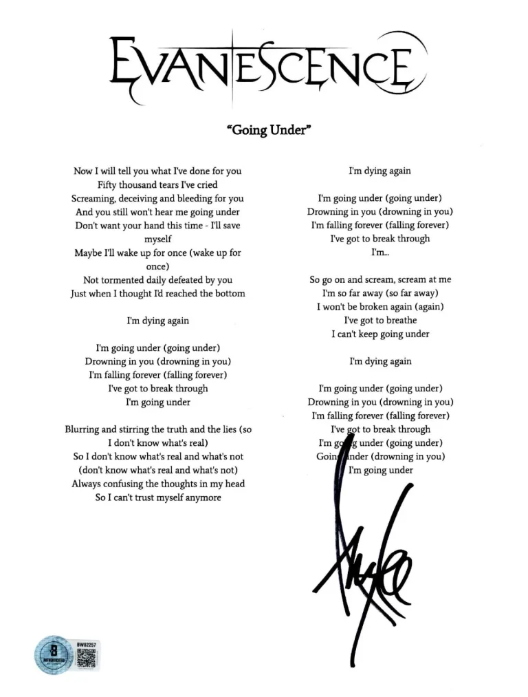 Amy Lee ‘Evanescence’ Lead Singer Signed Lyric Sheet ‘Going Under’ Beckett