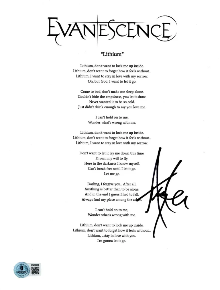 Amy Lee ‘Evanescence’ Lead Singer Signed Lyric Sheet ‘Lithium’ Beckett
