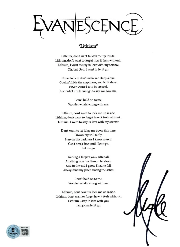 Amy Lee ‘Evanescence’ Lead Singer Signed Lyric Sheet ‘Lithium’ Beckett