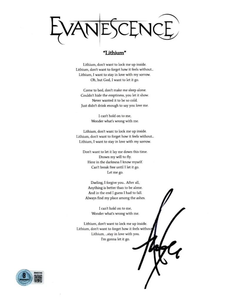 Amy Lee ‘Evanescence’ Lead Singer Signed Lyric Sheet ‘Lithium’ Beckett