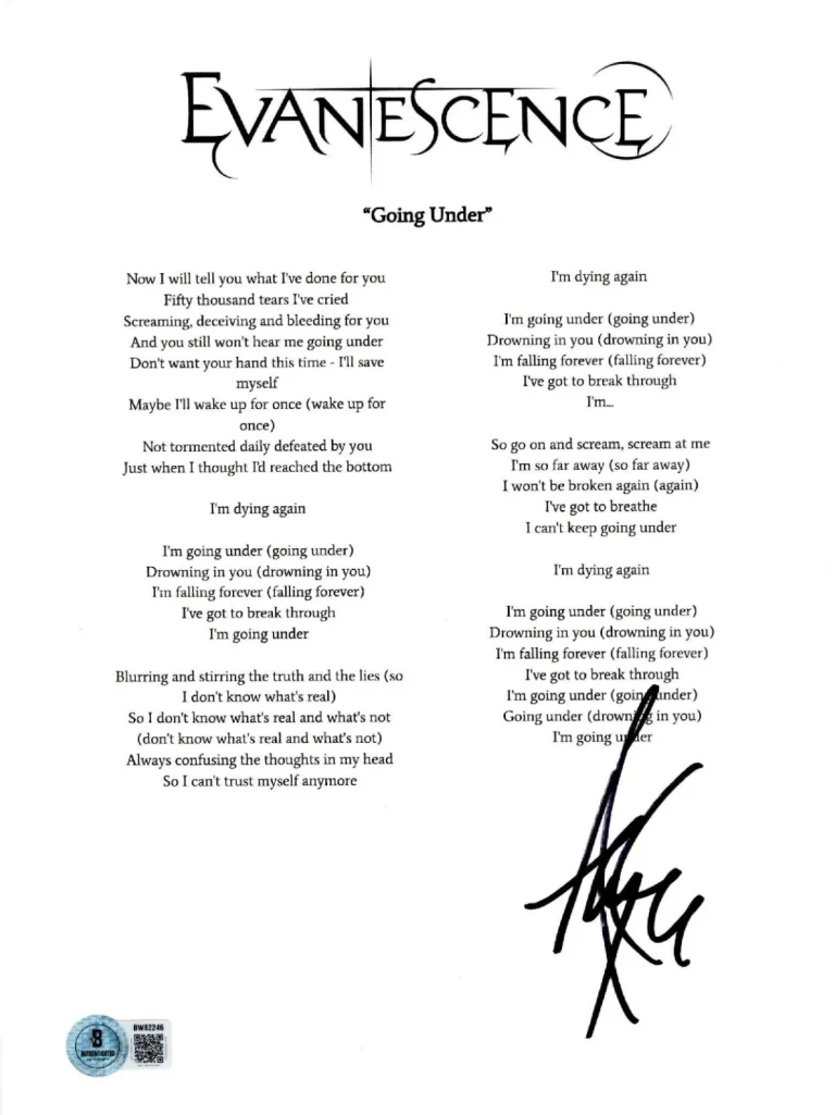 Amy Lee ‘Evanescence’ Lead Singer Signed Lyric Sheet ‘Going Under’ Beckett