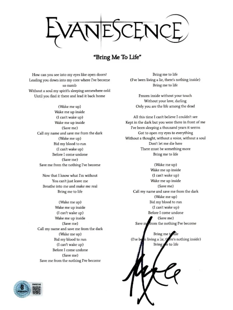 Amy Lee ‘Evanescence’ Lead Singer Signed Lyric Sheet ‘Bring Me To Life’ Beckett