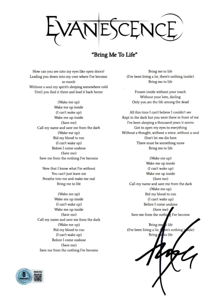 Amy Lee ‘Evanescence’ Lead Singer Signed Lyric Sheet ‘Bring Me To Life’ Beckett
