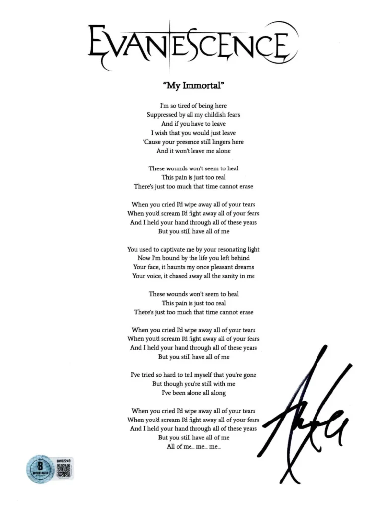 Amy Lee ‘Evanescence’ Lead Singer Signed Lyric Sheet ‘My Immortal’ Beckett