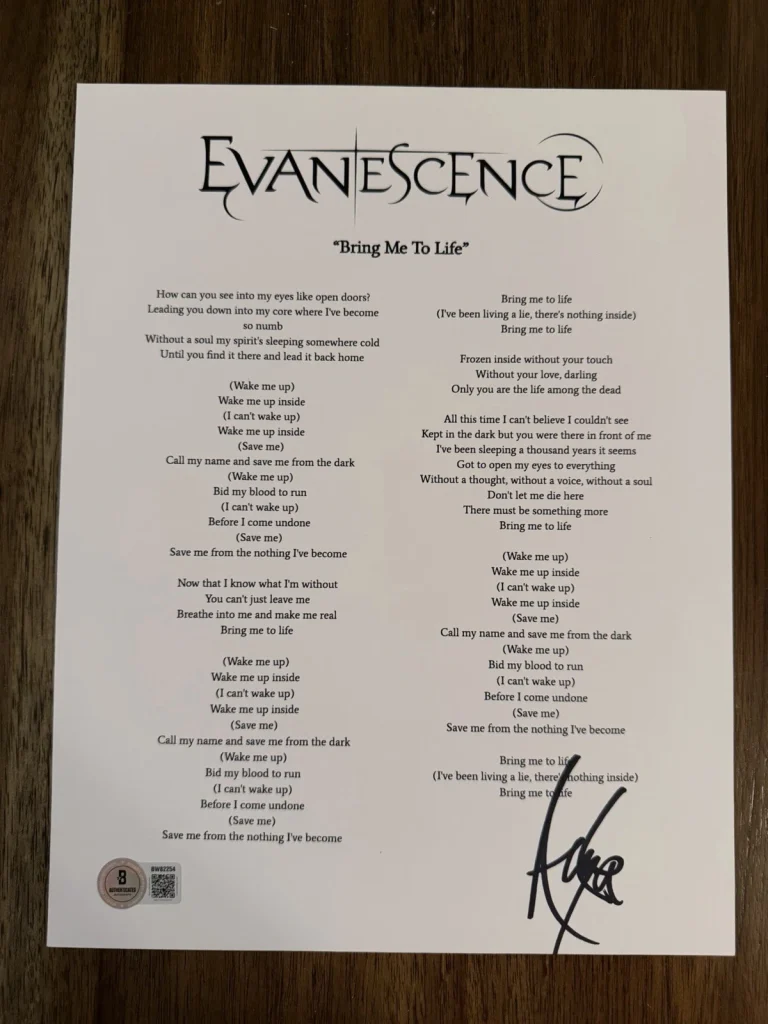 Amy Lee ‘Evanescence’ Lead Singer Signed Lyric Sheet ‘Bring Me To Life’ Beckett