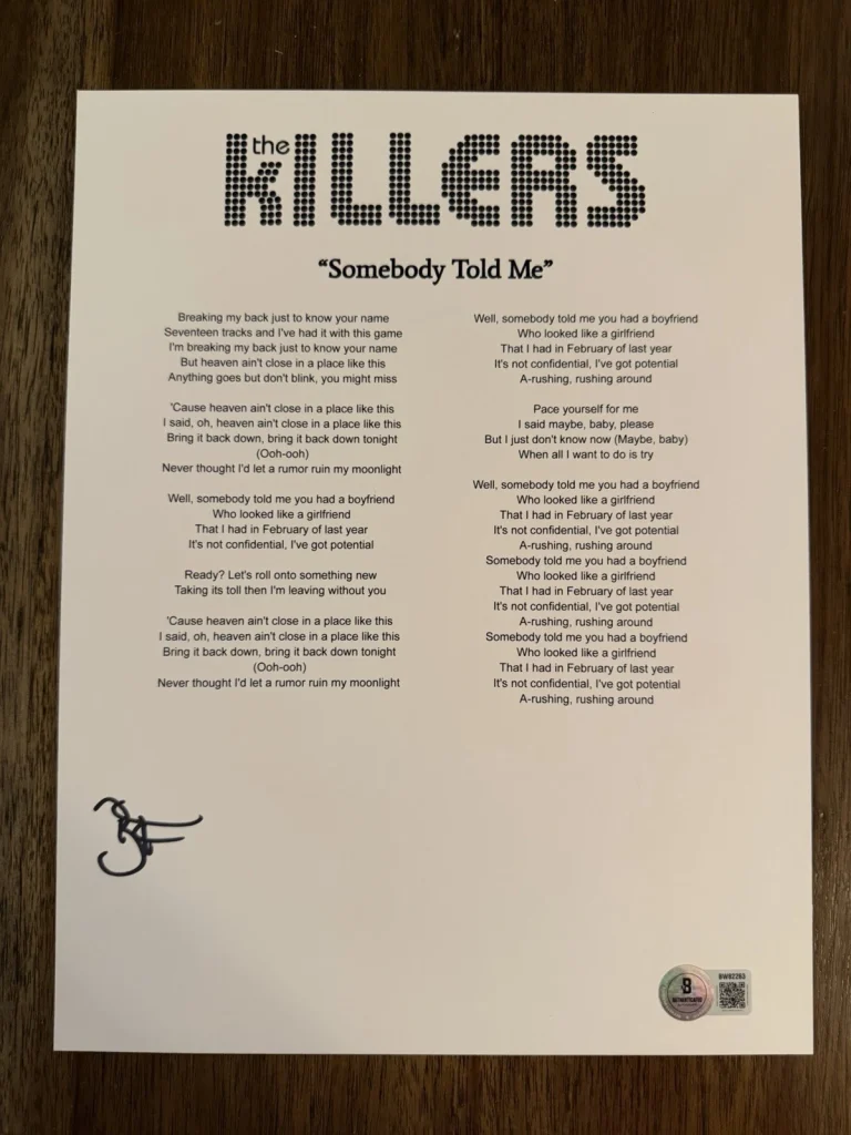 Brandon Flowers ‘The Killers' Signed Lyric Sheet 'Somebody Told Me' Beckett