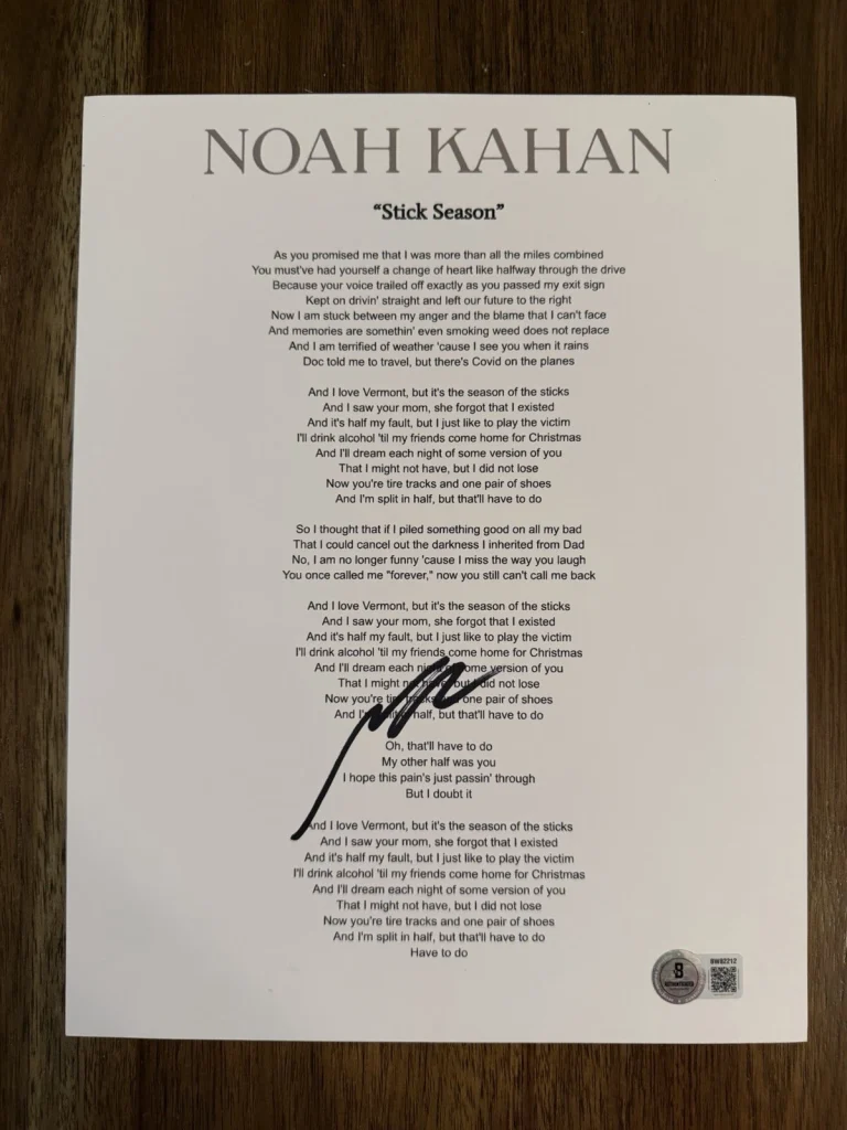 ‘Noah Kahan’ Signed Lyric Sheet ‘Stick Season’ Autograph Beckett Certified