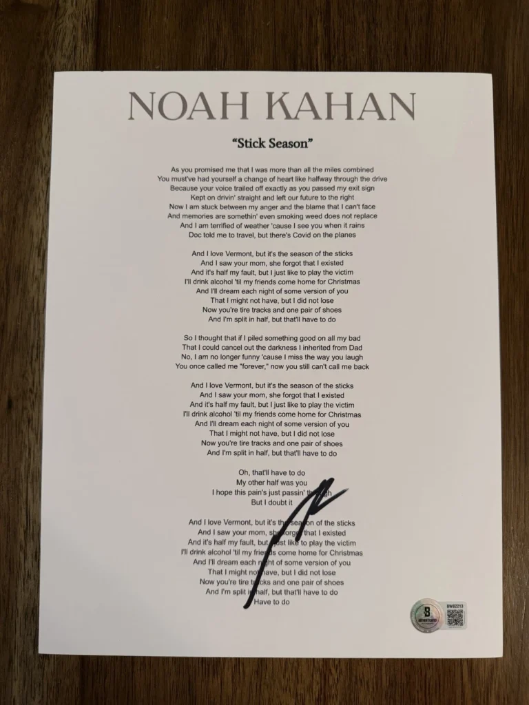 ‘Noah Kahan’ Signed Lyric Sheet ‘Stick Season’ Autograph Beckett Certified