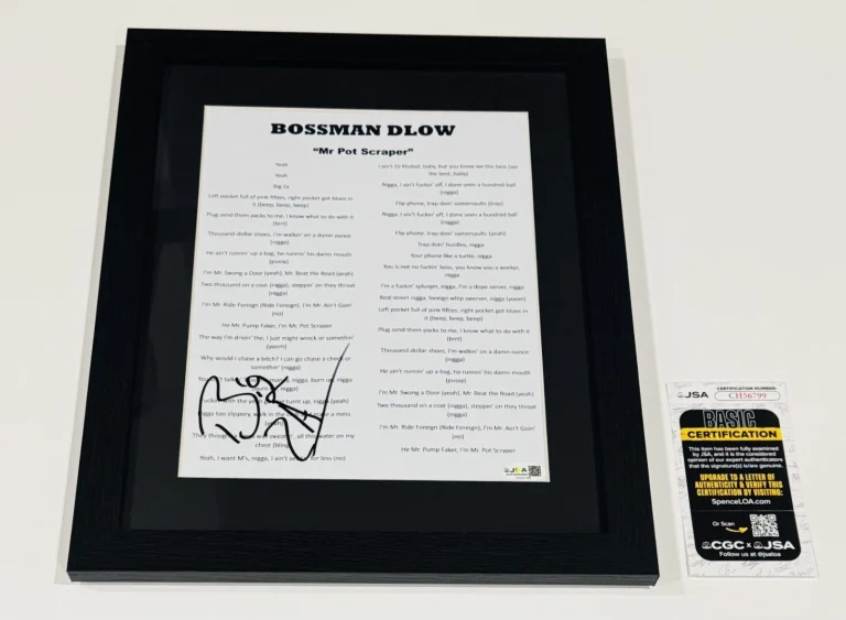 BOSSMAN DLOW SIGNED FRAMED MR POT SCRAPER LYRIC SHEET BIG ZA JSA COA