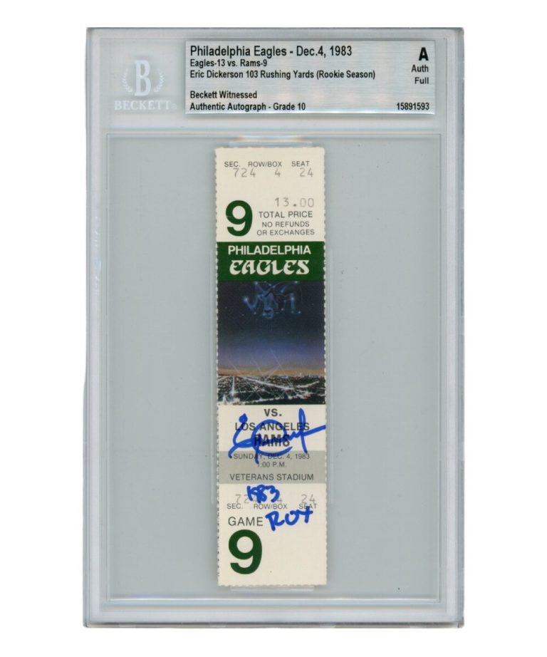 Eric Dickerson Autographed/Signed Ticket Stub 12/4/1983 83 ROY Beckett 40337