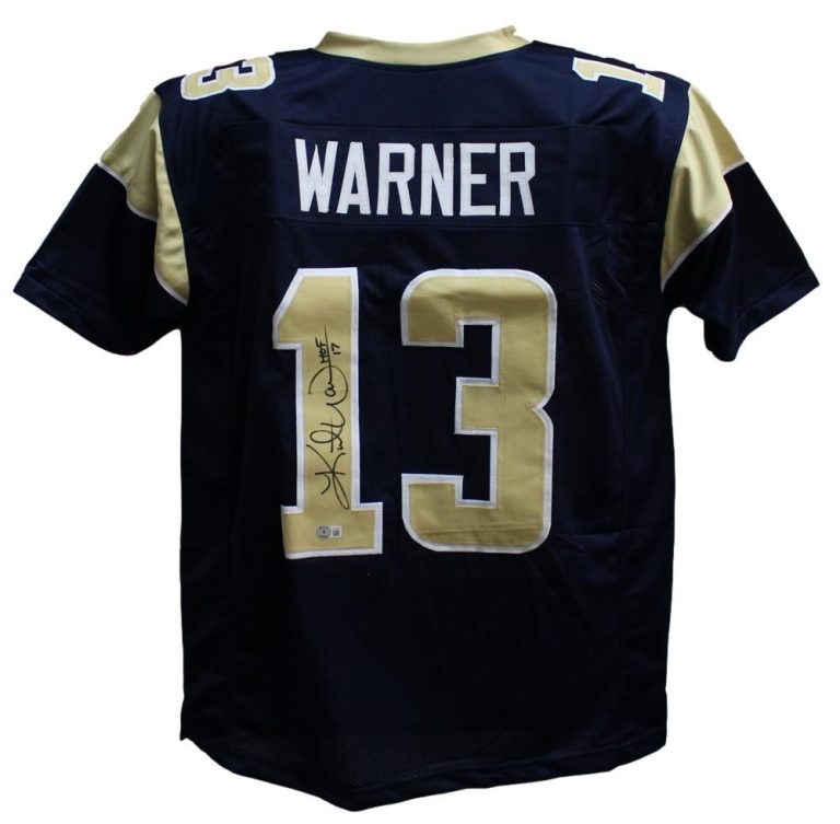 Kurt Warner Autographed/Signed Pro Style TB Blue XL Jersey HOF Beckett BAS 34234