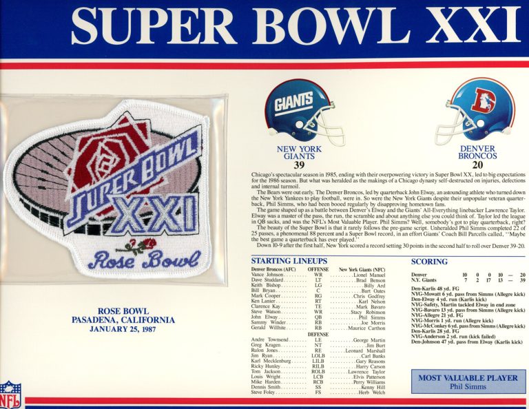 Super Bowl XXI Patch Stat Card Official Willabee & Ward 35715