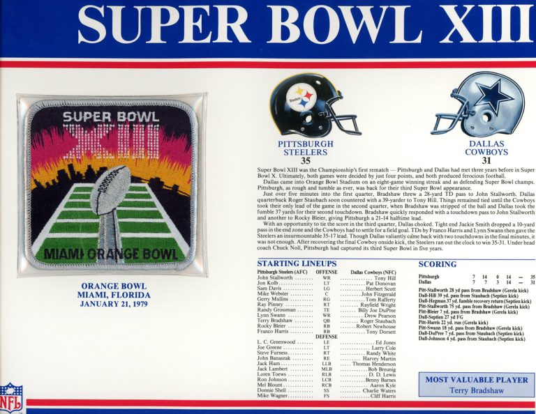Super Bowl XIII Patch Stat Card Official Willabee & Ward 35707