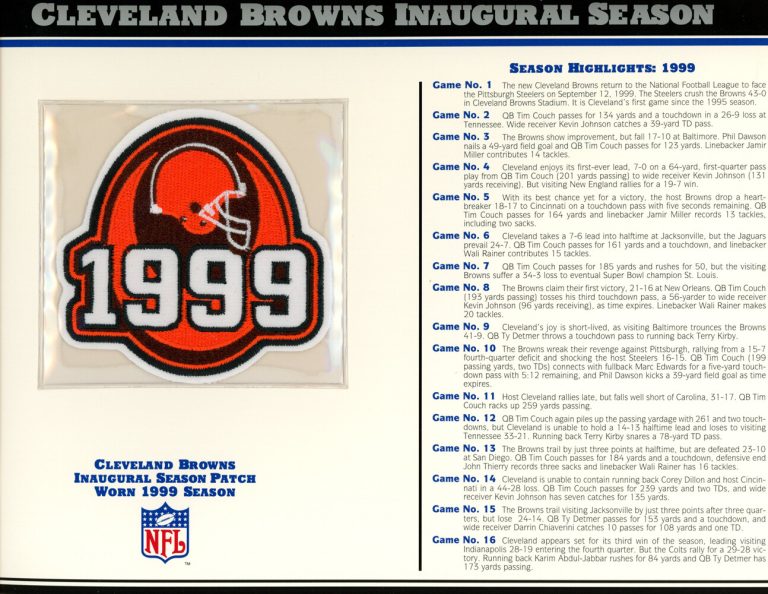 Cleveland Browns Inaugural Season Patch 1999 Stat Card Willabee & Ward 36739