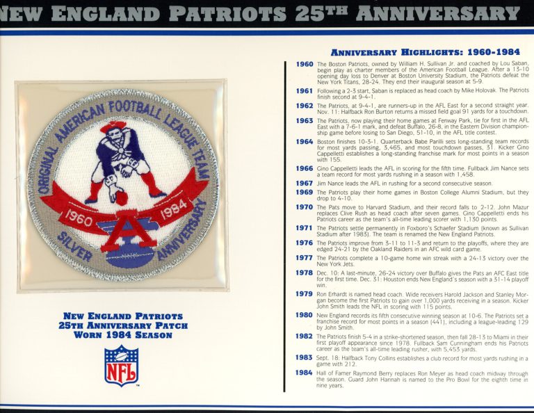 New England Patriots 25th Anniversary Patch Stat Card Willabee & Ward 36752