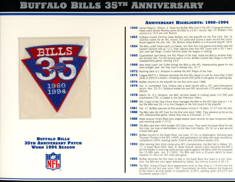 Buffalo Bills 35th Anniversary Patch Stat Card Official Willabee & Ward 36754