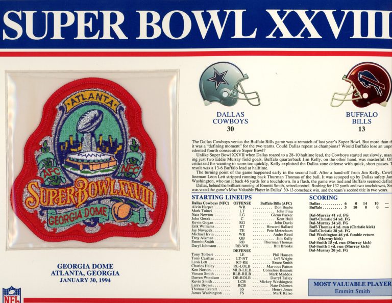 Super Bowl XXVIII Patch Stat Card Official Willabee & Ward 35722