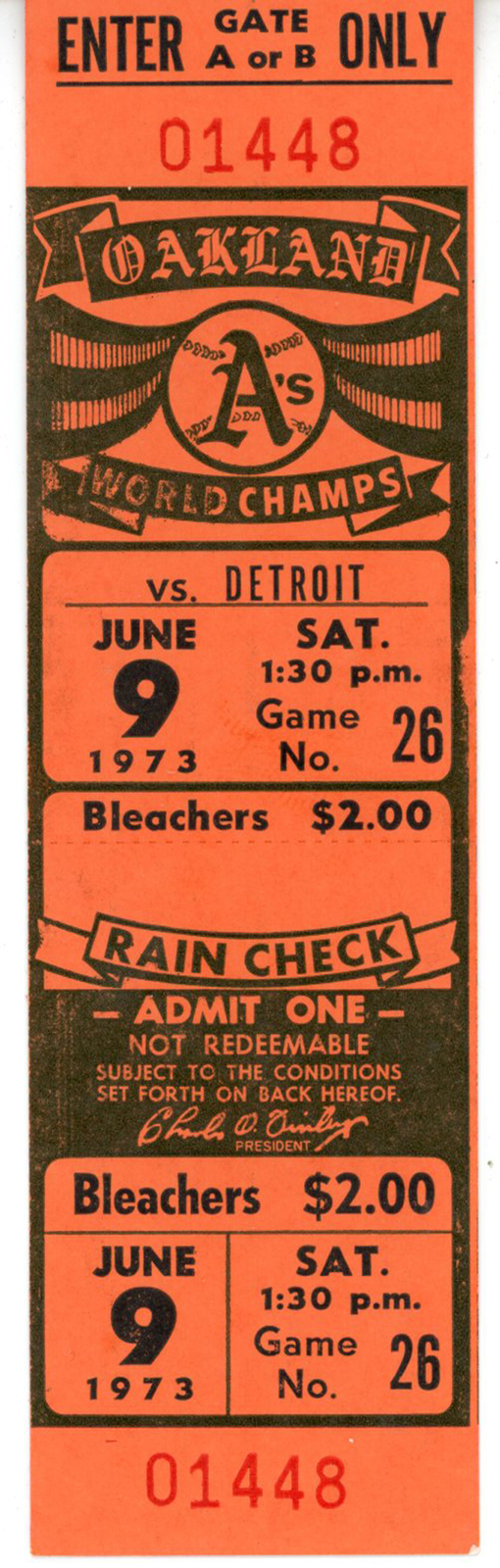 Oakland Athletics vs Detroit Tigers June 9, 1973 Ticket Stub 35761