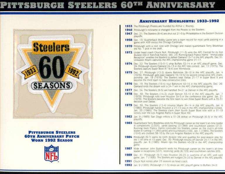 Pittsburgh Steelers 60th Anniversary Patch Stat Card Official Willabee & Ward