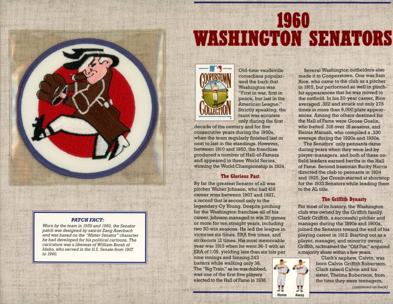 Washington Senators 1960 Patch Stat Card Cooperstown Willabee & Ward 36790