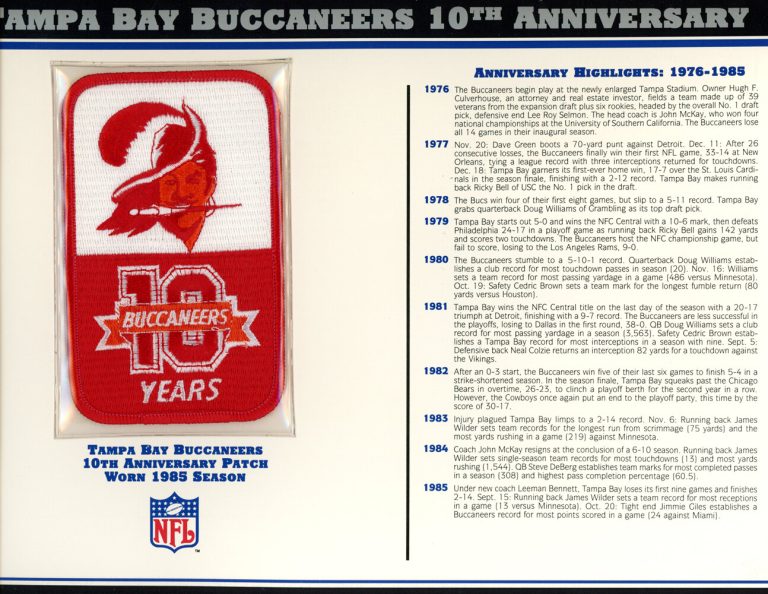 Tampa Bay Buccaneers 10th Anniversary Patch Stat Card Willabee & Ward 36769