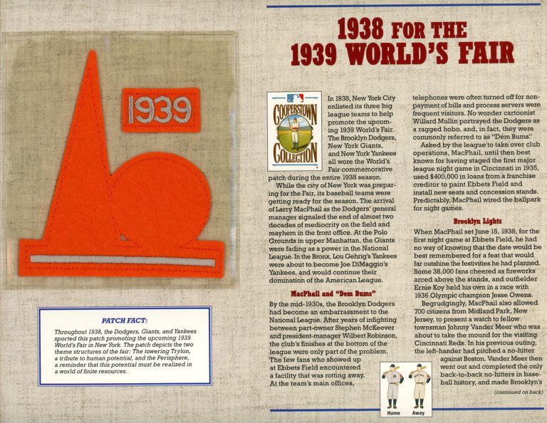 1939 World's Fair Patch Stat Card Cooperstown Official Willabee & Ward 36806