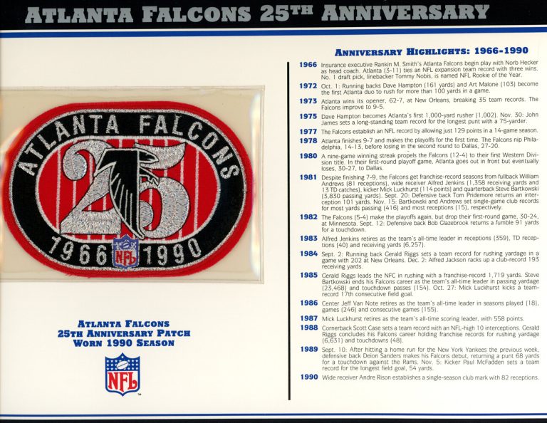 Atlanta Falcons 25th Anniversary Patch Stat Card Official Willabee & Ward 36763