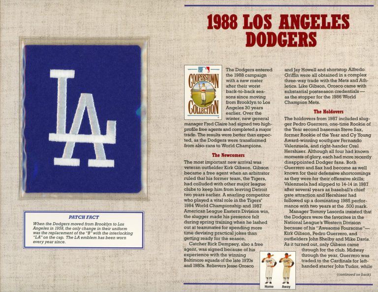 Los Angeles Dodgers 1988 Patch Stat Card Cooperstown Willabee & Ward 36800