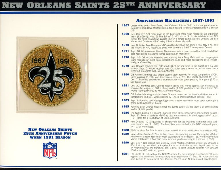 New Orleans Saints 25th Anniversary Patch Stat Card Official Willabee & Ward
