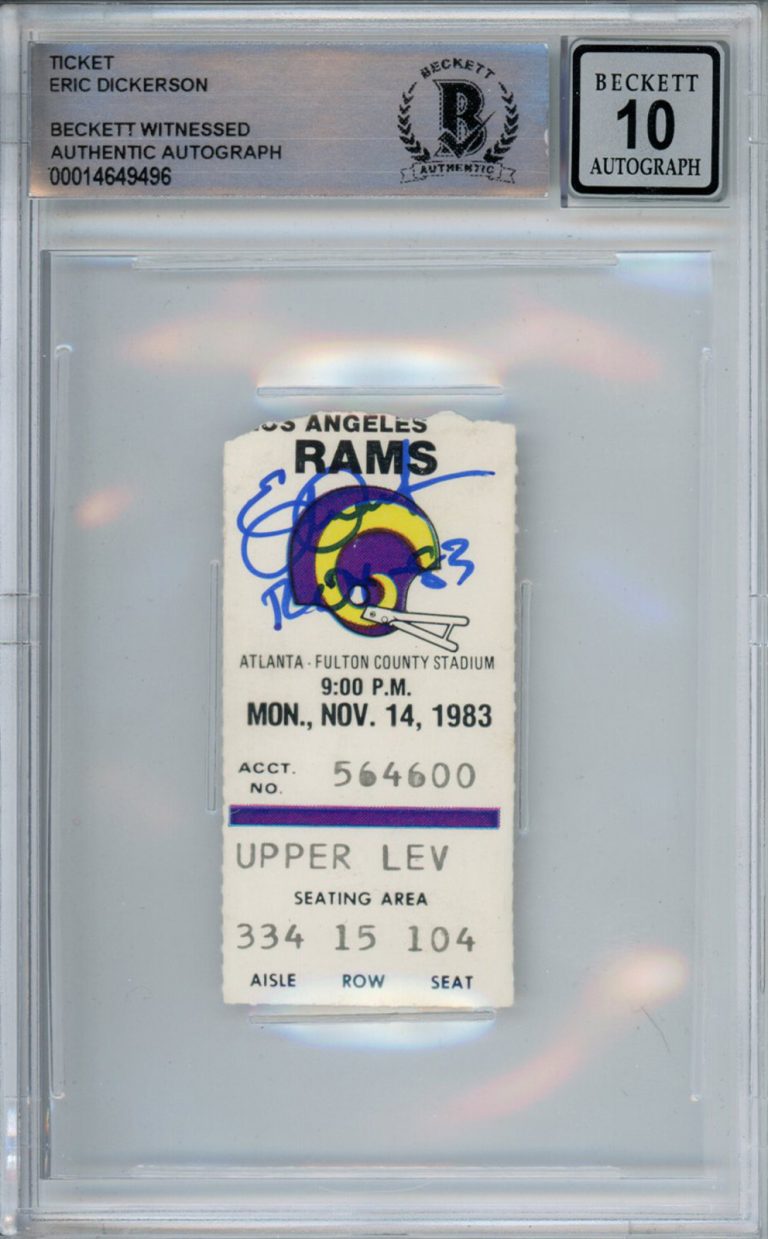 Eric Dickerson Signed 11/14/1983 Rams vs Falcons Ticket Stub Beckett 10 Slab