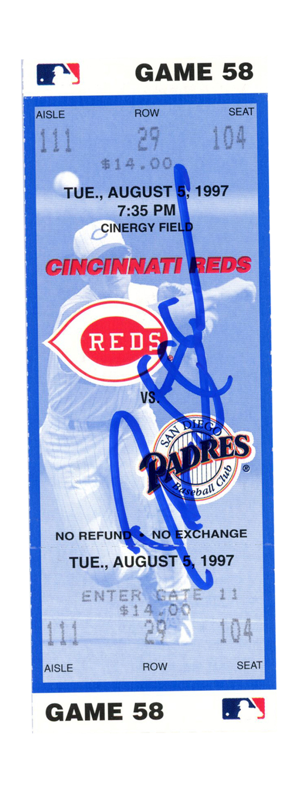 Deion Sanders Signed Cincinnati Reds 8/5/1997 vs Padres Ticket BAS 37224