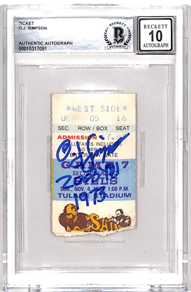 OJ Simpson Signed 11/04/73 Ticket Stub Insc. Grade 10 Auto Beckett 42719