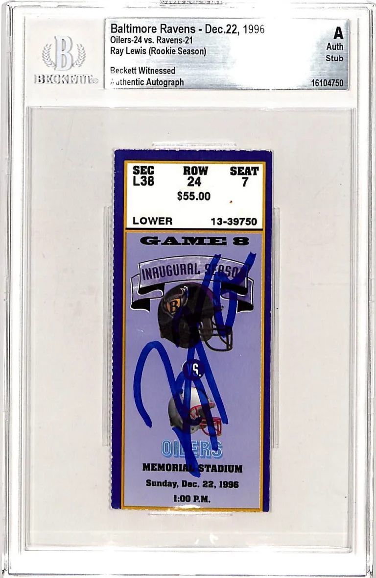 Ray Lewis Signed Baltimore Ravens 12/22/96 Ticket Stub Slab Beckett 42758