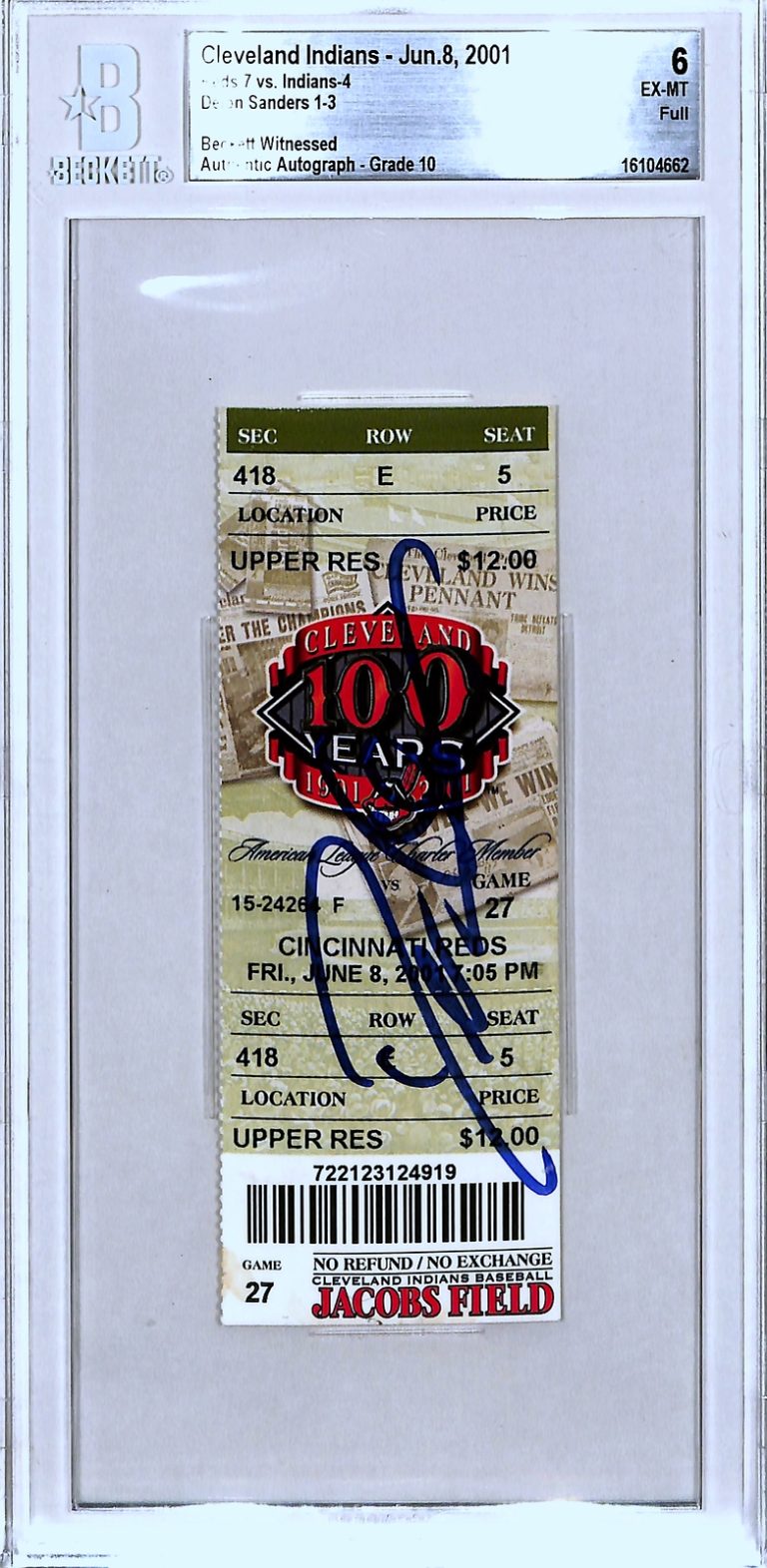 Deion Sanders Signed Cincinnati Reds Ticket Last MLB Hit BAS Slab 37142
