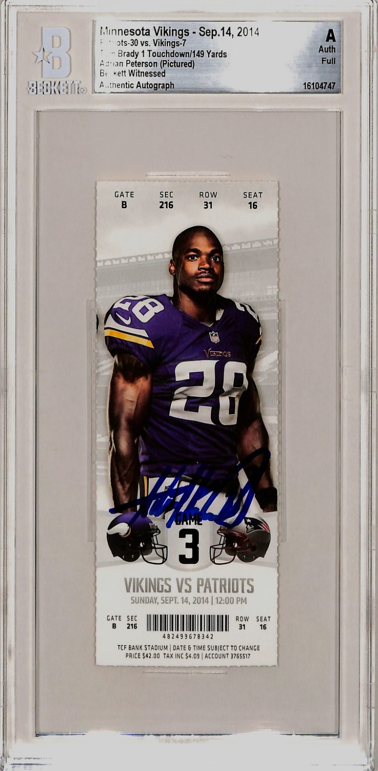 Adrian Peterson Signed Minnesota Vikings Ticket Stub 09/14/14 Becket Slab 43226