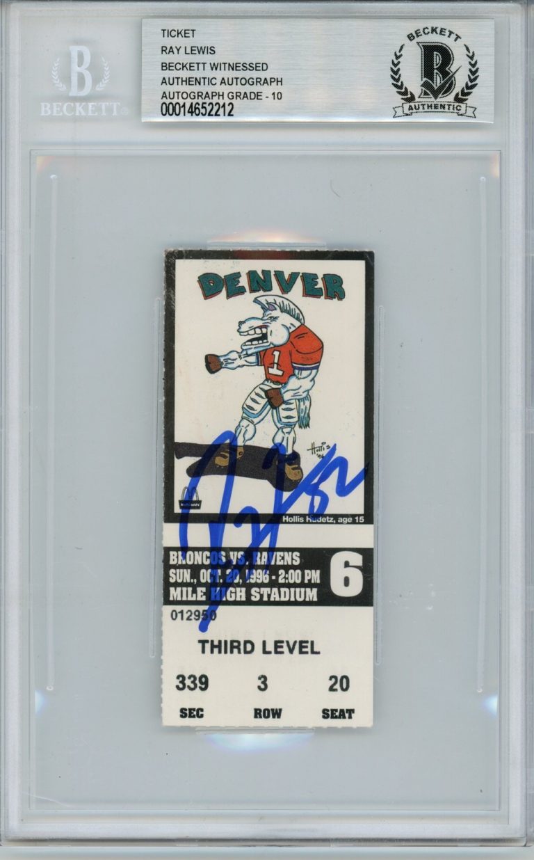 Ray Lewis Signed Baltimore Ravens Ticket 10/20/96 vs DEN BAS Slab 39451