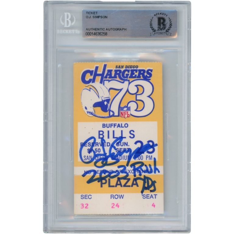 O.J. Simpson Autographed 9/23/1973 Ticket Stub 2003 Rush Yds Beckett Slab 36673